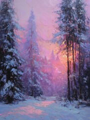 Winter morning landscape with light through the trees