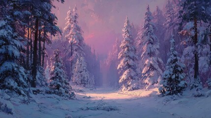 Winter morning landscape with light through the trees