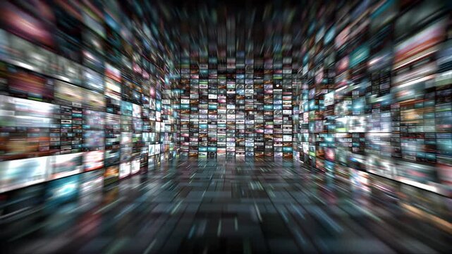 Abstract digital media wall representing information overload and connectivity