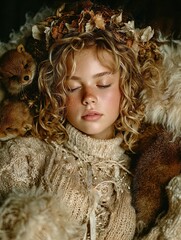 embrace autumn serenity: a cozy vogue-inspired portrait of a female model with playful otters, perfect for sporty interior posters or warm cozy decor.