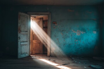 Obraz premium Sunlight streaming into a darkened abandoned room
