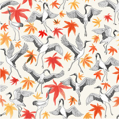 Obraz premium Vector seamless pattern of Dancing Japanese crane birds and autumn colored maple leaves on a beige background