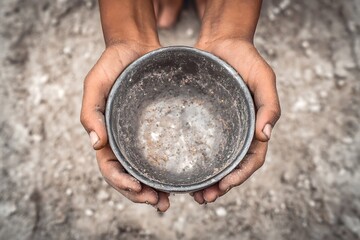 Child hands holding empty metal bowl begging for food