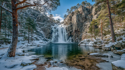 Majestic Snowy Waterfall in Winter Forest With Icy Rocks and Blu