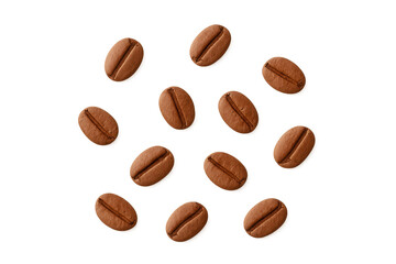 Roasted coffee beans forming circular pattern on transparent background