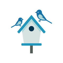 Two blue sparrows perched on a snowy white and blue birdhouse in winter season vector