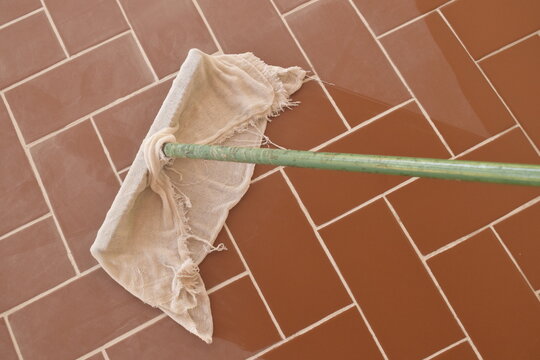 Limpando &aacute;rea de casa brasileira com piso vermelho retangular, com um todo e pano molhado
