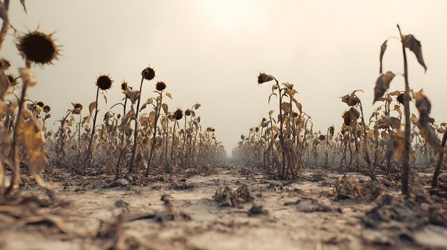 Wilted Sunflower Field Echoes Environmental Loss A Barren Landscape Illustrates Human Impact