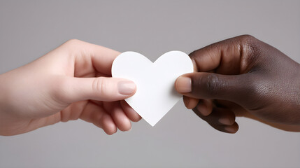 Fototapeta premium Hands of diverse individuals holding a white heart symbolizing unity and love with soft background