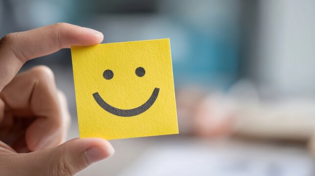 A hand holds a bright yellow sticky note featuring a smiley face spreading positivity in the workspace.
