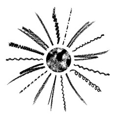 Black funny doodle sun. Hand drawn illustration isolated on white background. 