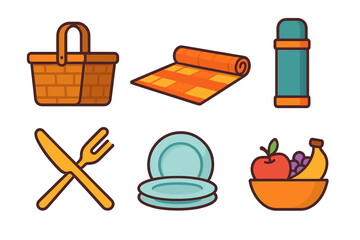 Basket, blanket, thermos, cutlery, plates, and fruit bowl for a summer picnic outing