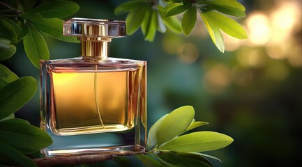 A golden perfume bottle sits amongst lush greenery, bathed in soft sunlight.