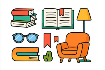 Cozy reading corner with stacked books, open novel, comfortable armchair, floor lamp, and eyeglasses