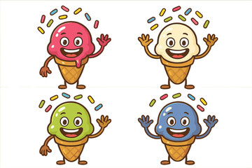 Four cheerful ice cream cone characters with different flavors and colorful sprinkles waving