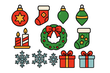 Colorful Christmas and winter holiday icons featuring ornaments, stockings, wreath, candles, and snowflakes