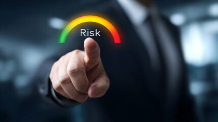 Fototapeta premium Business professional assessing risk level with interactive gauge in a modern office environment