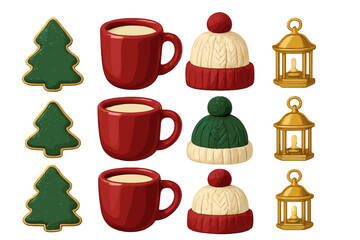 Festive winter holiday objects collection including Christmas tree cookies hot drinks knitted hats and golden lanterns