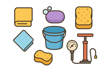 Household cleaning and maintenance accessories set with bucket, sponges, soap, and pump