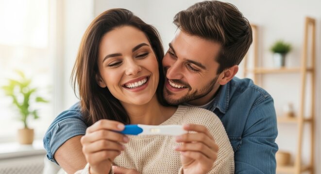 Happy couple joyfully reacting to positive pregnancy test result