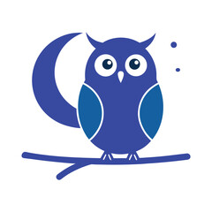 Whimsical blue owl perched on snowy branch under a crescent moon sky vector