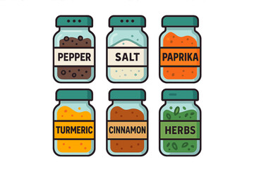 Six colorful spice jars containing common cooking ingredients like pepper, salt, paprika, turmeric, cinnamon, and herbs