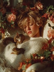 cozy autumn elegance: fashion editorial featuring a model with squirrels - perfect for sports interior posters with warm knitwear aesthetic and cinematic charm!