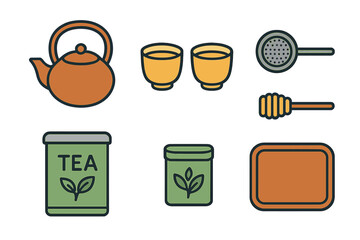 Collection of kitchenware icons for tea preparation including teapot, cups, strainer, and storage jars