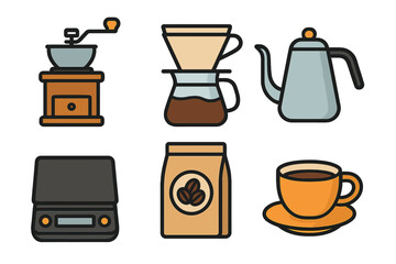 Essential coffee brewing tools and accessories set for home barista preparation