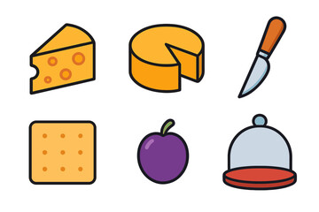 Set of flat design food and kitchen symbols including cheese, cracker, fruit, and knife