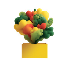 A clean, bright yellow box from which a stylized, energetic cloud of multicolored vegetables is erupting. The vegetables are rendered with smooth, clean shapes and vibrant, saturated colors.