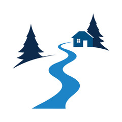 Fototapeta premium Winter snow trail winding through pine trees towards distant cozy cabin vector