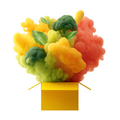 A clean, bright yellow box from which a stylized, energetic cloud of multicolored vegetables is erupting. The vegetables are rendered with smooth, clean shapes and vibrant, saturated colors.