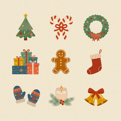 Festive Christmas illustration set with gifts, wreath, tree, and gingerbread. Ideal for holiday cards and winter decor.
