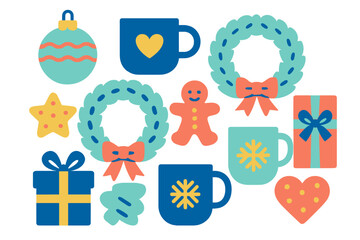 Brightly colored collection of Christmas and winter holiday elements including wreaths, mugs, and gifts
