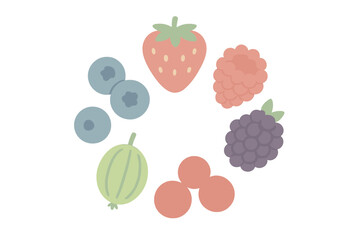 Flat design arrangement of assorted fresh summer berries forming a circular pattern