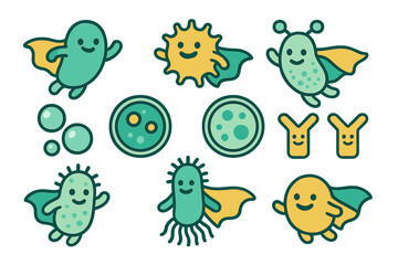 Obraz premium Cute cartoon microbes and bacteria characters wearing superhero capes with petri dishes and cellular elements