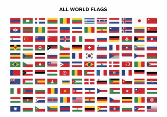 Minimalist flat vector collection of all world flags, rectangle format, organized in grid rows, professional infographic style, stock vector illustration.