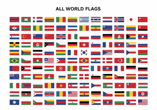Minimalist flat vector collection of all world flags, rectangle format, organized in grid rows, professional infographic style, stock vector illustration.
