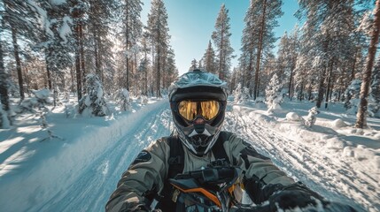 Adventurer rides a snowmobile through a picturesque snowy forest under a clear blue sky
