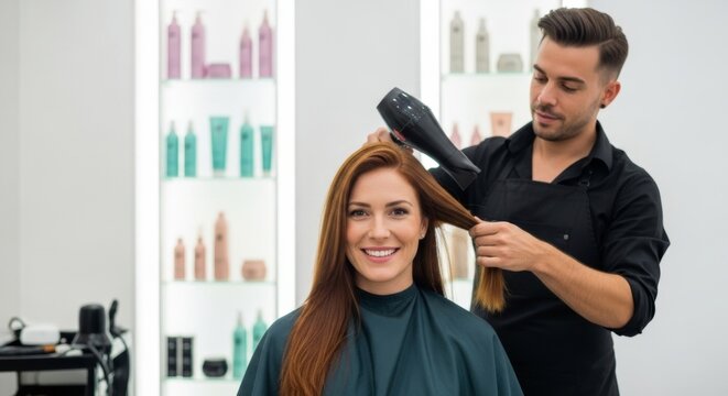 Happy woman getting professional blow dry at modern hair salon