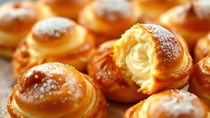 Close up of sweet cream buns with one broken open to show the filling