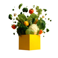Lively concept art of produce box exploding with fresh colorful vegetables,