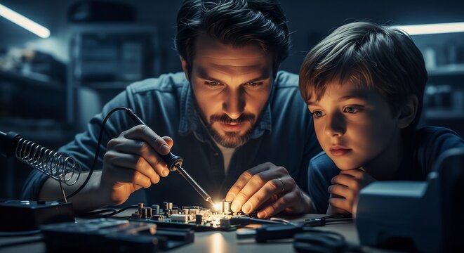 Father and son soldering circuit board together at a workbench. Perfect for Father's Day, STEM education, family activity, technology projects, electronics repair themes.