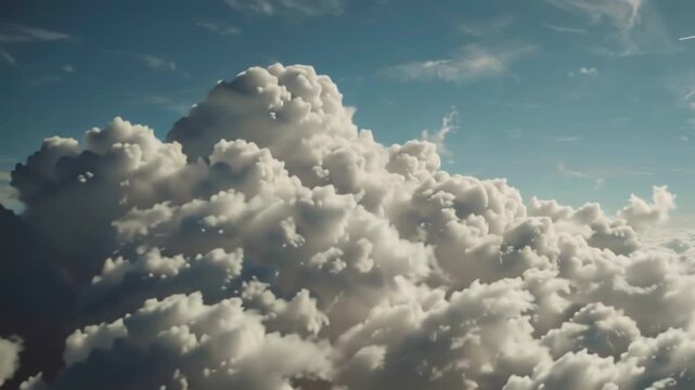 A breathtaking aerial view of a massive cumulus cloud formation floating majestically in a deep blue sky during a sunny day