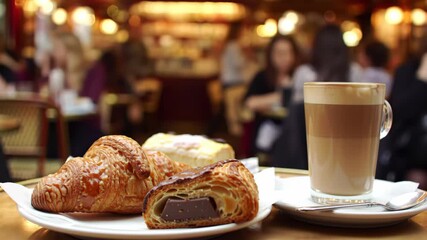 Pastries and latte on table in cafe, blurred background with people, use for cafe promotion