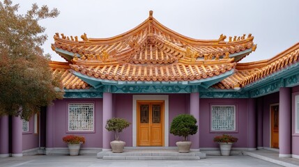 Vibrant Asian Temple Architecture with Ornate Orange Roof and Purple Walls Featuring Potted Trees and Floral Arrangements in Daylight