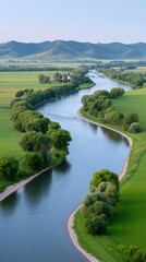 Verdant River Valley Landscape With Meandering Waterway Under Clear Blue Sky And Rolling Green Hills