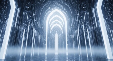 Fototapeta premium Illuminated futuristic corridor with tall arched metallic structures creating a symmetrical and reflective path.