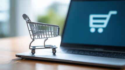 A small shopping cart is placed on a laptop keyboard symbolizing online shopping and digital commerce.